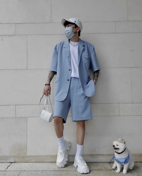 Creative Style Outfits Men, Pastel Blue Outfit Men, Blue Aesthetic Outfit Men, Classy Male Outfits, Blue Male Outfit, Blue Outfit Aesthetic Men, Pastel Male Outfits, Fashion Styles Men, Pastel Mens Fashion