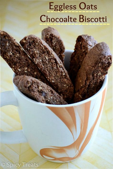 Spicy Treats: Eggless Oats Chocolate Biscottis / Oats Chocolate Biscotti Eggless Biscotti Recipe, Biscotti Recipes, Eggless Cookie Recipes, Chocolate Biscotti, Eggless Cake Recipe, Eggless Desserts, Eggless Recipes, Almond Biscotti, Eggless Baking