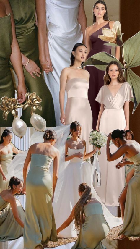 Natural Colour Bridesmaid Dresses, Wedding Guest Color Scheme, Asian Wedding Bridesmaid Dresses, Bridesmaid Dresses Asian, Wedding Cocktail Attire, Muted Colorful Bridesmaids, Bridesmaids And Groomsmen Colors, Green Bridesmaid Dresses Mismatched, Mix Match Bridesmaid Dresses