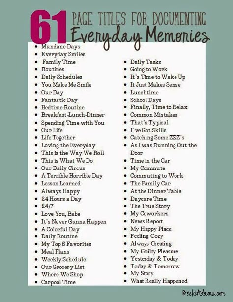 #Papercraft #Scrapbooking ideas - Becki Adams Designs: Let's Talk Tuesday: 61 Everyday Page Titles (with a printable list) Scrapbook Page Titles, Scrapbook Sayings, Kaisercraft Scrapbooking, Scrapbooking Titles, Title Ideas, Scrapbook Quotes, Title Pages, Papercraft Printable, Scrapbook Titles