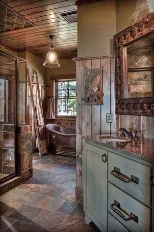 Rustic beauty Log House Bathroom, Cabin Bathrooms, Cabin Kitchens, Luxury Cabin, Rustic Bathrooms, Log Cabin Homes, Dream Bathrooms, Bath Room, Rustic Bathroom