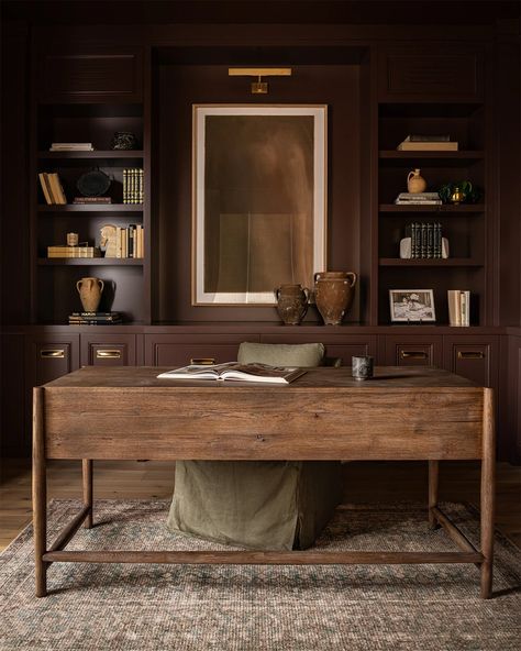 dark-and-moody-home-office-2 Office With Credenza, Parlor Office Room Ideas, Dark Brown Office Desk, Wood Built Ins Office, Office With Sideboard, Brown Shelves Living Room, Built In Shelves Office Decor, Shiplap Wall Home Office, Office To Nursery