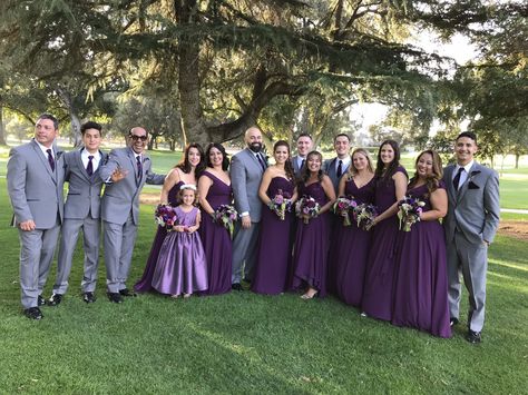 Blush Pink And Black Wedding, Purple Bridal Party, Eggplant Bridesmaid Dresses, Plum Purple Wedding, Gray Tuxedo, Lavender Wedding Theme, Wedding Extras, Boda Ideas, Purple Wedding Theme