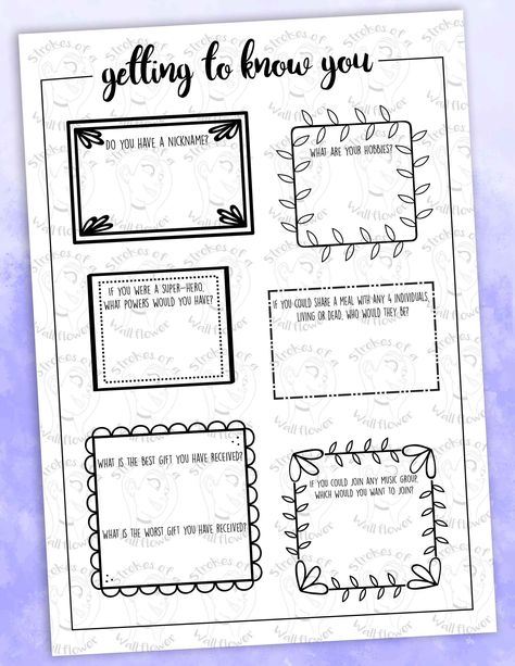 #etsy #print #digital #gettingtoknowyou #questionnaire #borders #gettingtoknowme Bad Gifts, Party Dinosaur, Activity Day Girls, Get To Know You Activities, Ice Breaker Games, Writing Worksheets, What If Questions, Relief Society, Learning To Write