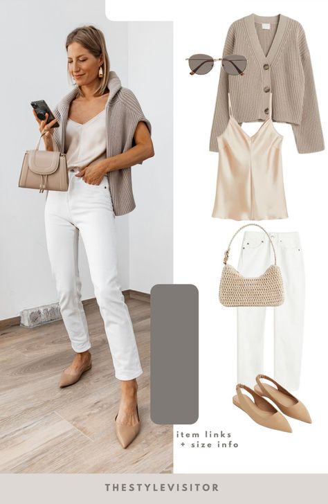 White Jeans Elegant Outfit, White Ankle Jeans Outfit, White Jeans Work Outfit Summer, White Jeans Outfit Summer Work, White Jean Outfits For Women, White And Jeans Outfit, How To Style White Jeans, Smart Casual Summer Outfits, Classic Spring Outfits