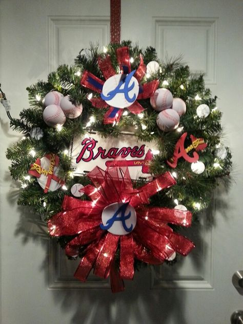 My Atlanta Braves Christmas wreath! Atlanta Braves Christmas Tree, Baseball Basement, Wreaths Fall, Braves Baseball, Wallpaper Android, Wreath Diy, 2023 Christmas, Snowflake Ornaments, Theme Ideas