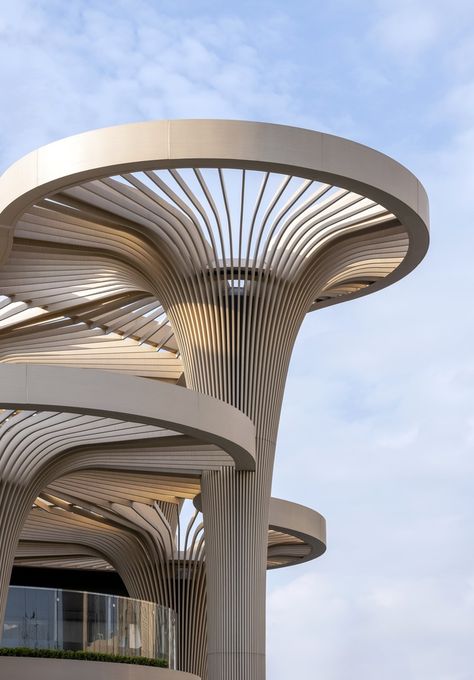 solar trees marketplace - a biophilic oasis amidst shanghai's urban landscape Koichi Takada, Biophilic Architecture, Solar Tree, Organic Structure, Japanese Architect, Canopy Design, New Building, Green Architecture, Natural Ventilation