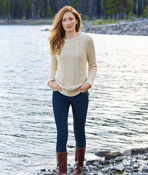 Fisherman Sweater, Hiking Outfit, Tunic Sweater, Fall Winter Outfits, L L Bean, Brown Boots, Preppy Style, Autumn Winter Fashion, Capsule Wardrobe