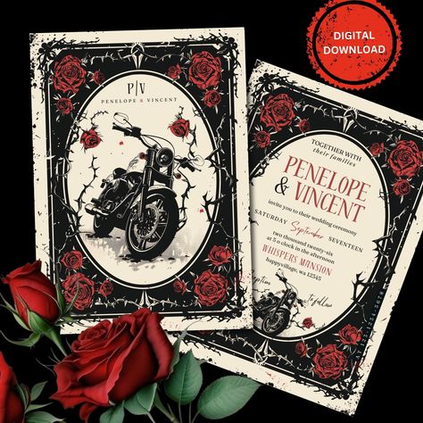 Editable Ride into Forever: Bikes and Roses Wedding Invitation Template | Vintage Motorcycle Wedding | Printable, Instant download Heavy Metal Wedding Invitations, Biker Wedding Theme, Motorcycle Wedding Invitations, Bike Wedding, Motorcycle Wedding, Biker Wedding, Wedding Printable, A5 Printables, Moto Vintage