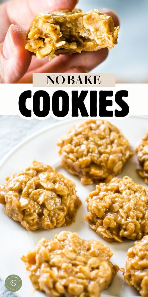 bite out of cookie being held by hand and plate of no bake cookies No Bake Cookies Recipe Peanut Butter, No Bake Oatmeal Cookies, No Bake Peanut Butter Cookies, Cleverly Simple, No Bake Cookies Recipe, Peanut Butter No Bake Cookies, No Bake Oatmeal, Bake Oatmeal, Delicious Breakfast Casserole