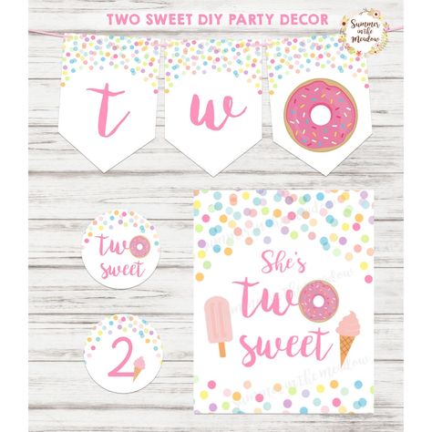 Two Sweet Birthday Party Decorations, Donut and Ice Cream Birthday Party Decor, Banner, Photo Props, Two Sweet Printable Party Set Donut And Ice Cream, Cupcake Party Invitations, Two Sweet Birthday Party, Sweet Birthday Party, Two Sweet Birthday, Monster First Birthday, Cream Birthday Party, 2nd Birthday Party For Girl, Wild Birthday Party