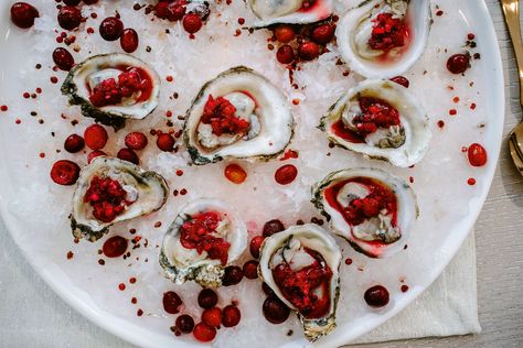 Fresh Oysters with Pickled Cranberry Mignonette | Fresh Oysters with Pickled Cranberry Mignonette Oysters Mignonette, Mignonette Recipe, Oyster Christmas, Honey Buzzard, Champagne Wall, Dairy Free Cream Cheese, Raw Bar, Oyster Recipes, Fresh Oysters