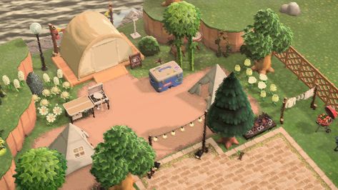 Anch Campsite Idea, Campsite Decorating Ideas Acnh, Acnh Sunken Campsite, Animal Crossing Campground, Acnh Campsite Designs City, Acnh City Campsite, Acne Campsite Ideas, Anch Campsite, Camp Site Animal Crossing New Horizon