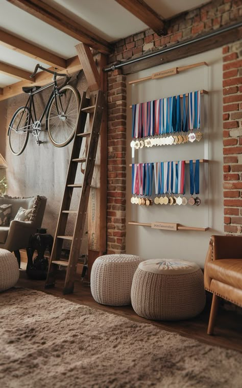 A custom medal hanger display showcasing multiple race medals on a wall-mounted rack. Ways To Display Medals, Diy Medal Display, Diy Medal, Display Medals, Medal Display Ideas, Hanging Medals, White Pegboard, Race Medal Displays, Medal Displays