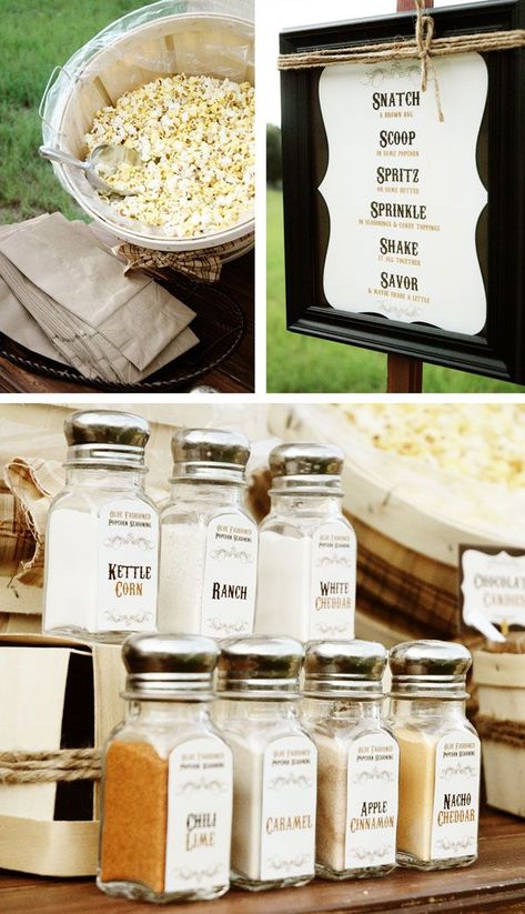 Snack Attack: Easy Nibbles for Your Cocktail Hour. #weddings #cocktailhour #food Inexpensive Snacks, Popcorn Party, Popcorn Bar, Food Stations, Wedding Food, Cocktail Hour, Bars Recipes, Party Time, Party Planning