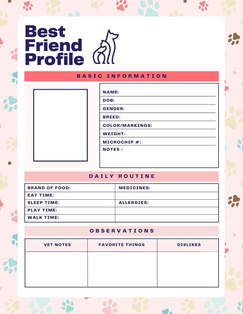 Information sheet great for owners, walkers, and sitters! Create a profile for your k9 or feline best friend. Keep track of their info, schedule, and needs. Great especially if you need to manage multiple pets.  Download includes both pink and teal versions with sample template! Pet Profile Template, Fostering Puppies, Best Friend Profile, Friend Profile, Pet Care Printables, Pet Store Ideas, Pet Treats Recipes, Dog Walking Business, Medication For Dogs