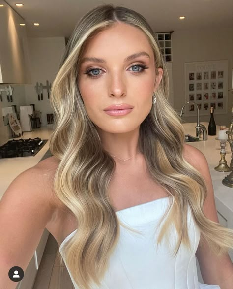 Curled Hair Tucked Behind One Ear, Hair Tucked Behind One Ear, Hair Tuck, Curled Hair, Bridal Makeup Natural, Eyeliner Styles, Middle Part, Bride Makeup, Bridal Hair And Makeup