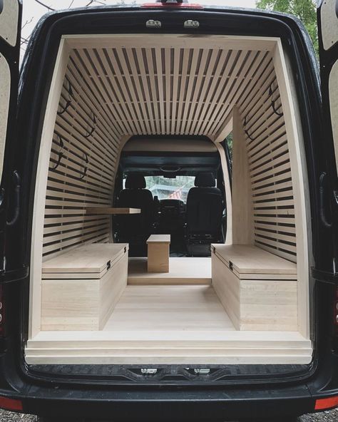 Camper Murphy Bed Diy, Camper Van Wall Ideas, Vanlife Clothes Storage, Minimal Van Conversion, Panel Van Conversion, Modern Van Interior, Japanese Van Conversion, 144 Sprinter Van Conversion, Small Van Conversion Ideas Layout