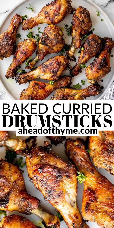 Baked curried chicken drumsticks are an easy to make dinner with quick prep and minimal dishes. These drumsticks are tender, delicious, and packed with so much flavour from its delicious marinade made of yellow curry powder, Worcestershire sauce, balsamic vinegar, garlic, and paprika. #Chicken #Drumsticks #Bakedchicken What To Do With Drumsticks, Minimal Dishes, Baked Curry Chicken, Yellow Curry Powder, Jamaican Recipe, Black Color Hairstyles, Baked Chicken Drumsticks, Curried Chicken, Tasty Thai