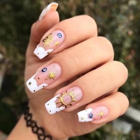 Celeb Nails Trends, Colorful Evil Eye Nails, Maquillage Yeux Cut Crease, Evil Eye Nails, Eye Nail Art, Magic Nails, Floral Nail Designs, Blush Nails, Uñas Acrilicas