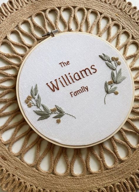 Embroidery Family Name, Family Embroidery Ideas, Last Name Embroidery, Wedding Embroidery Gifts, Family Name Embroidery, Embroidery Family, Name Embroidery Hoop, Embroidery Business, Personalized Bridal Shower Gifts