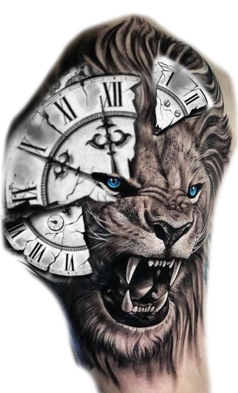 Clock Lion Tattoo, Tiger Clock Tattoo, Lion Clock Tattoo Design, Lion And Clock Tattoo Design, Rose Cross Tattoo, Lion And Rose Tattoo, Time Clock Tattoo, Upper Arm Tattoos For Guys, Tatuaje Cover Up