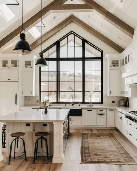 Farmhouse Kitchen Cathedral Ceiling, Vaulted Ceiling Kitchen Cabinets, Windows Farmhouse, Bison Ranch, Farmhouse Layout, Barn House Interior, Barn Style House Plans, Dream Life House, Diy Kitchen Renovation