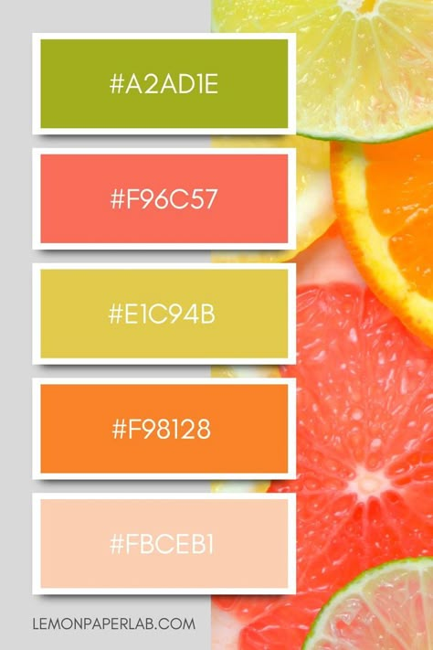 Looking for color inspiration? Check out this citrus inspired color palette featuring Chartreuse Green, Coral, Goldenrod Yellow, Tangerine Orange, and Apricot. Citrus Paint Colors, Bright Citrus Color Palette, Key Lime Color Palette, Lime Green Complementary Color, Muted Citrus Color Palette, Chartreuse Colour Palette, Color Palette Chartreuse, Chartreuse Color Palette Clothes, Coral Green Color Palette