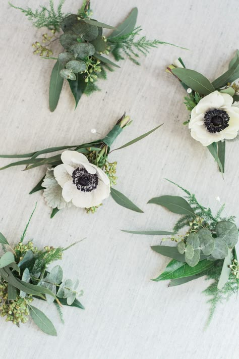 Anemone Boutonniere, Flowers, Simple Boutonniere, Greenery Made by: RLM Affairs Simple Green And White Boutonniere, Simple Anemone Bouquet, Wedding Bouquet Ranunculus Peonies, White Wildflower Boutonniere, Anemone Boutineer, Modern Boutineer Ideas, Simple Boutonniere Groomsmen, Anemone Buttonhole, Boutinere Ideas Groomsmen