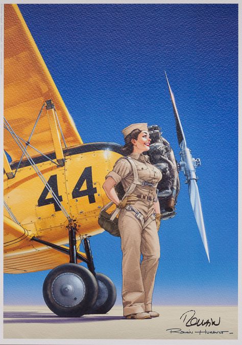 Romain Hugault, Warbirds Pinups, On The Wings Of Love, Arte Pin Up, Aviation Posters, Pin Up Girl Vintage, Airplane Art, Portrait Cartoon, Vintage Aviation