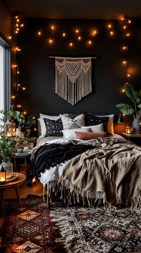 Black Boho Bedroom Ideas Moody Bedroom Light Fixture, Rust Black Bedroom, Desert Boho Decor Bedroom, Black Small Room Ideas, Black Bedroom Small Room, Bedroom Rug Layering, Black Modern Farmhouse Bedroom, Moody Maximalist Bedroom Decor, Black Boho Interior