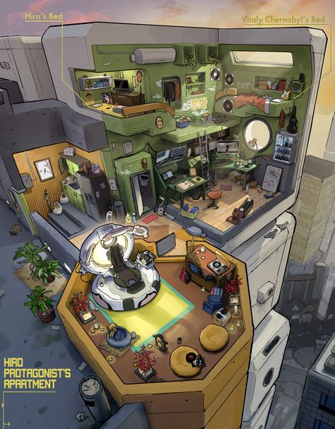 Dorm Room Concept Art, Apartment Concept Art, Sci Fi Room, Snow Crash, Feng Zhu Design, Feng Zhu, San Myshuno, Spaceship Interior, Isometric Art