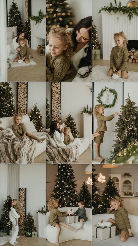 H&m Christmas Outfit, Christmas Pajama Mini Sessions, Family Christmas Pictures Neutral Colors, Studio Holiday Mini Session, Xmas Photoshoot Ideas Family Portraits, At Home Christmas Photos, Christmas Photoshoot Indoor, Christmas Poses For Family, In Home Christmas Photoshoot Family