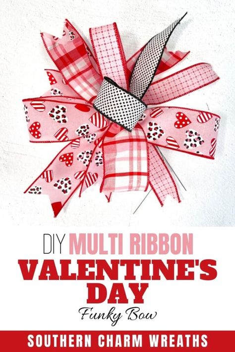 Valentine Bows For Wreaths, Buffalo Plaid Wreaths, Ribbon Combinations, Diy Bow Making, Ribbon Wreath Tutorial, Valentine Bows, Wreath Making Business, Valentine Ribbon, Ribbon Bow Tutorial