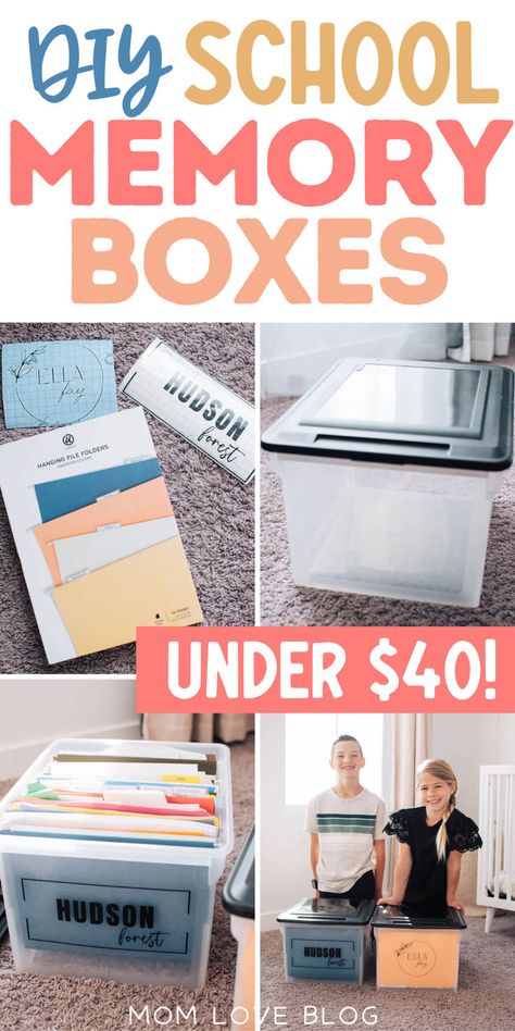 Easy DIY school memory boxes. School Picture Keepsake Ideas, Diy School Memory Box Ideas, School Work Memory Boxes, Storage For Kids School Work, Kids School Memory Box Ideas, Memory File Box For Kids, School Years Memory Keeper, School Keepsake Organization, School Keepsake Ideas