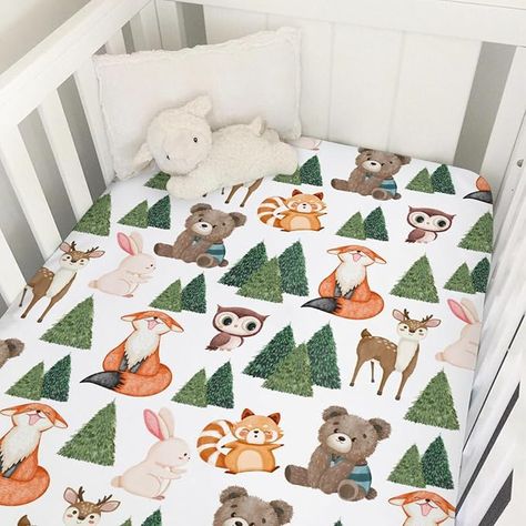 Amazon.com: Cute Woodland Animals Baby Crib Sheet 52''x28'' Fox Bear Deer Fox Raccoon Rabbit Owl Trees Fitted Crib Mattress Sheet for Boy Girl Nursery Bed Sheets for Standard Crib Toddler Mattress : Baby Christmas Presents For Babies, Woodland Crib Bedding, Cottage Nursery, Nursery Bed, Woodland Crib, Baby Gift Registry, Toddler Sheets, Girl Nursery Bedding, Boy Girl Nursery