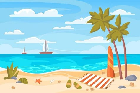 Shore Drawing, Seaside Drawing, Beach Background Drawing, Beach Animation, Beach Scene, Animated Beach, Beach Vector, Beach Illustration Background, Beach Cartoon Illustration