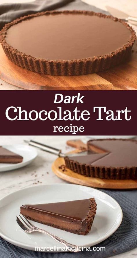 This dark Chocolate Tart recipe is a perfect dessert for chocolate lovers. The simple no-bake crust is filled with a decadent and rich chocolate filling and topped with a shiny layer of chocolate ganache. A recipe that is easy to adapt for a gluten free dessert. #easy #dessert #recipe #bittersweet #chocolate #ganache #Valentinesday #newyearseve #glutenfree Dark Chocolate Tart, Chocolate Tart Recipe, Tart Pie, Chocolate Tarts, Chocolate Almond Cake, Chocolate Tarts Recipe, Chocolate Ganache Tart, Gluten Free Dessert, Cupcakes Filled