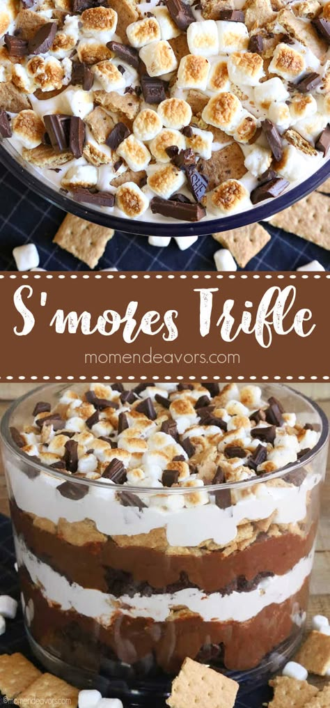 S’mores Trifle Dessert, Layered Fall Desserts, Smore Trifle Desserts, S’more Trifle, Triffle Desserts Brownie, Truffle Layer Dessert, Smores Trifle Recipe, Nut Free Desserts For A Crowd, S’mores Trifle