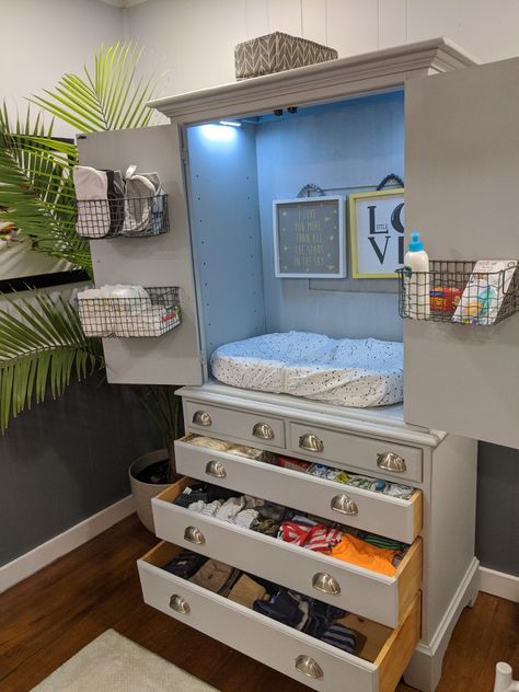 Armoire Baby Changing Table, Co Sleeping Nursery Ideas, Changing Table Alternative Ideas, Armoire Changing Table, Diy Change Table, Baby Room In Parents Room, Diy Tv Entertainment Center, Green Entertainment Center, Changing Table Diy