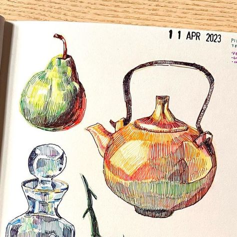 Pen Still Life Drawing, Still Life To Draw, Pen And Colored Pencil Art, Colored Pen Drawing, Colorful Pen Art, Pen Still Life, Colored Pen Art, Gel Pen Art Ideas, Cool Sketchbook Ideas