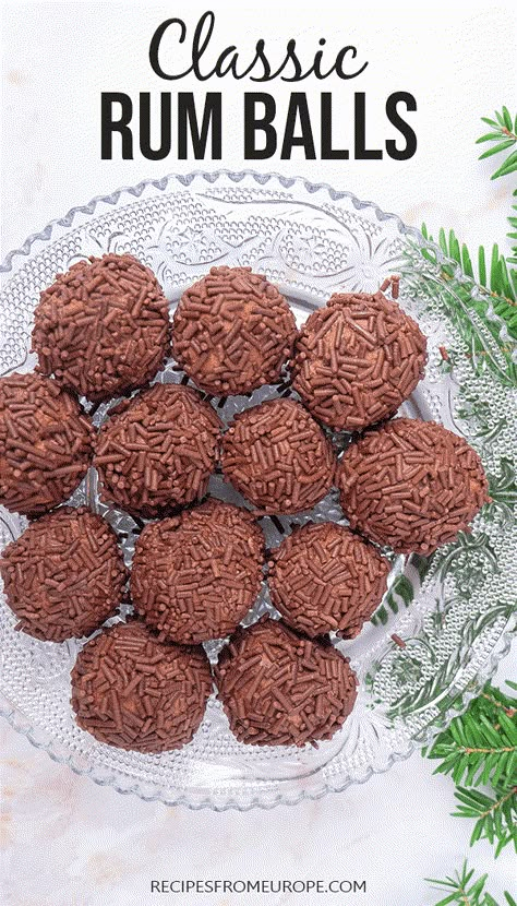 These traditional German Rum Balls are always a hit around the holidays. Loaded with rich chocolate, packed with rum to taste, and finished off with sprinkles or cocoa powder, this sweet and tiny dessert doesn't last long on the treat plate! #rumballs #holidaytreats Rum Balls Recipe Easy, Dessert Tray Christmas, Rum Balls Recipe Traditional, Rum Balls Boozy, German Rum Balls, German Rum Balls Recipe, Rumballs Recipe, Ginger Doodles, Chocolate Rum Balls Recipes