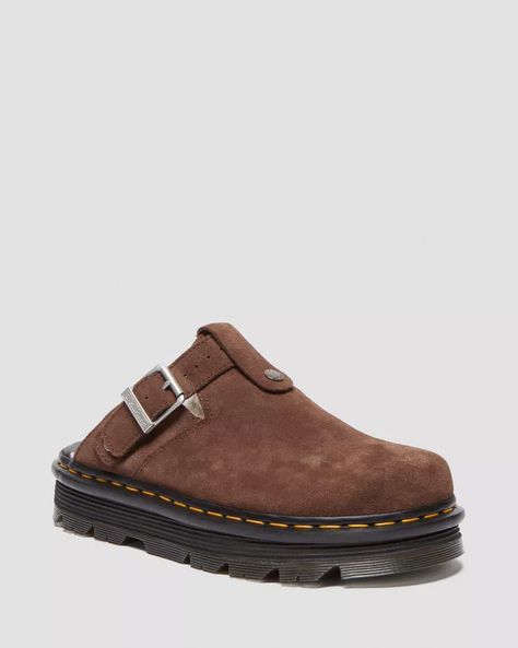 Zebzag Suede Slingback Platform Mule in Dark Brown | Dr. Martens Fall Fashion 2024 Shoes, Brown Clog Outfit, Zebzag Mule Styling, Chunky Brown Shoes, Doc Marten Carlson, Doc Marten Mules Outfit, Fall 2024 Shoes, Fall Shoes 2024, Casual Fall Shoes