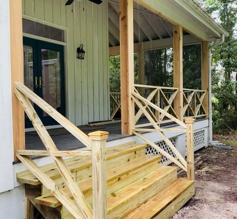 Small Porch Railing, X Porch Railing, Cottage Railing Ideas, X Railing Porch, Farmhouse Front Porch Railing, Country Porch Railing Ideas, Front Porch Steps Railing, Porch Step Railing Ideas, Simple Porch Railing