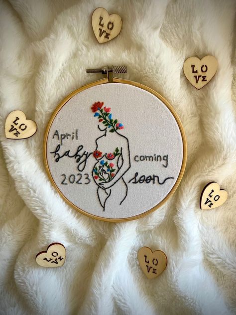 Pregnant, baby coming soon embroidery, flowers, Embroidery Pregnancy Announcement, Pregnant Flowers, Pregnancy Embroidery, Maternity Embroidery, Baby Coming Soon, Kids Embroidery, Embroidery Canvas, Christmas Embroidery Designs, Maternity Photo Ideas