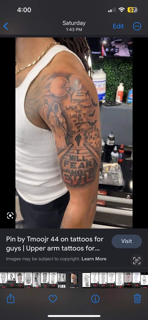 Yea Though I Walk Through The Valley Tattoo, I Will Fear No Evil Tattoo, Though I Walk Through The Valley Tattoo, Fear No Evil Tattoo, No Fear Tattoo, No Evil Tattoo, Fear Tattoo, Black Men Tattoos, Fear No Evil