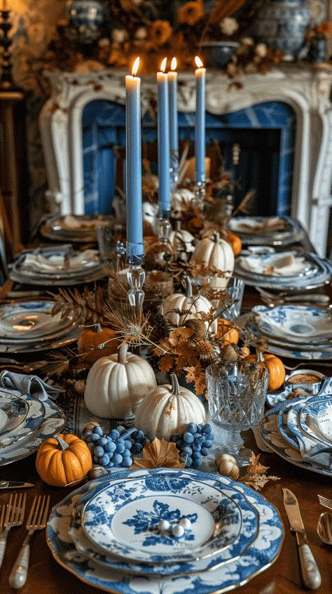 35+ blue Thanksgiving Table Decor Ideas Blue And White Fall Table Decor, Thanksgiving Tablescapes Ideas Elegant, Modern Thanksgiving Tablescapes Holiday Tables, Thanksgiving Day Table Settings, Mid Century Modern Thanksgiving Table, Teal And Orange Tablescapes, Blue And Green Fall Decor, Dinner Table Setting Ideas Simple, Blue And White Chinoiserie Fall Decor