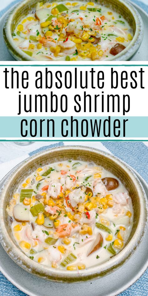 Shrimp Corn And Potato Soup, Prawn Chowder Recipe, Seafood Corn Chowder Recipe, Shrimp Chowder Easy, Shrimp Corn Potato Chowder, Shrimp And Potato Chowder, Shrimp Corn Chowder Crockpot, Shrimp And Potato Soup, Bacon Shrimp Corn Chowder