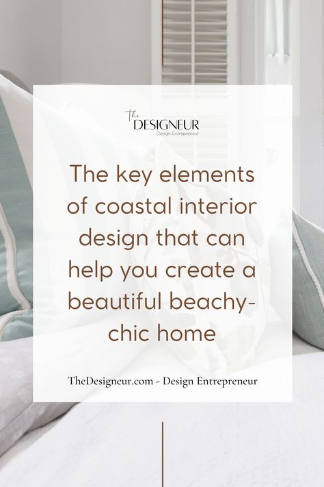 Coastal interior design is all about bringing the seaside inside your home. It’s a style that’s light, airy, and refreshing, with a focus on natural elements and watery hues. Here are some key elements of coastal interior design that can help you create a beautiful beachy-chic home. Coastal Chic Interior Design Living Room, Beach Coastal Interior Design, Coastal Interior Design Style, Coastal Luxe Interiors, Design Style Guide, Sophisticated Coastal, Coastal Design Style, Coastal Luxe, Coastal Interior Design