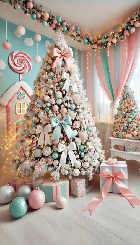 Candy Christmas Decorations Candyland, Pastel Themed Christmas Tree, Christmas Tree Candyland Theme, Pink Winter Wonderland Party Theme, Pastel Candyland Christmas Decor, White Christmas Tree Decorating Ideas, Candyland Backdrop, Bakery Window, Pastel Christmas Tree